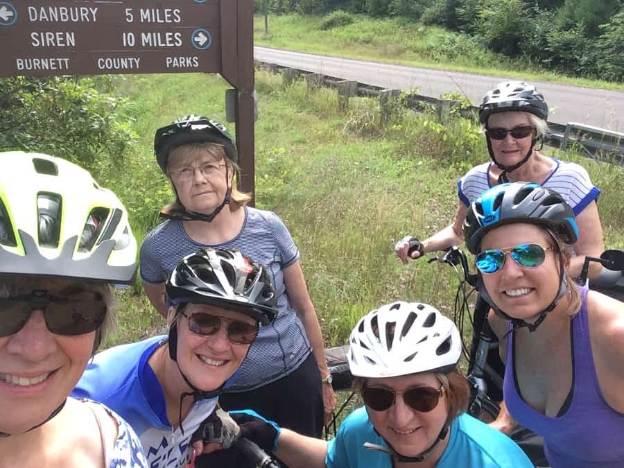 Tuesday Wipeouts - Colleen Belgum, Ruth Olson, Mary Steininger, Judi Peterson, Carol Giuliani, Pat Bruns taking a selfie on the Gandy Dancer Trail in Wisconsin.